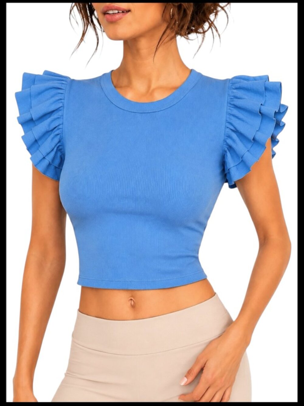 Zara Ribbed Crop Top Blue Ruffle Sleeve Crew Neck M